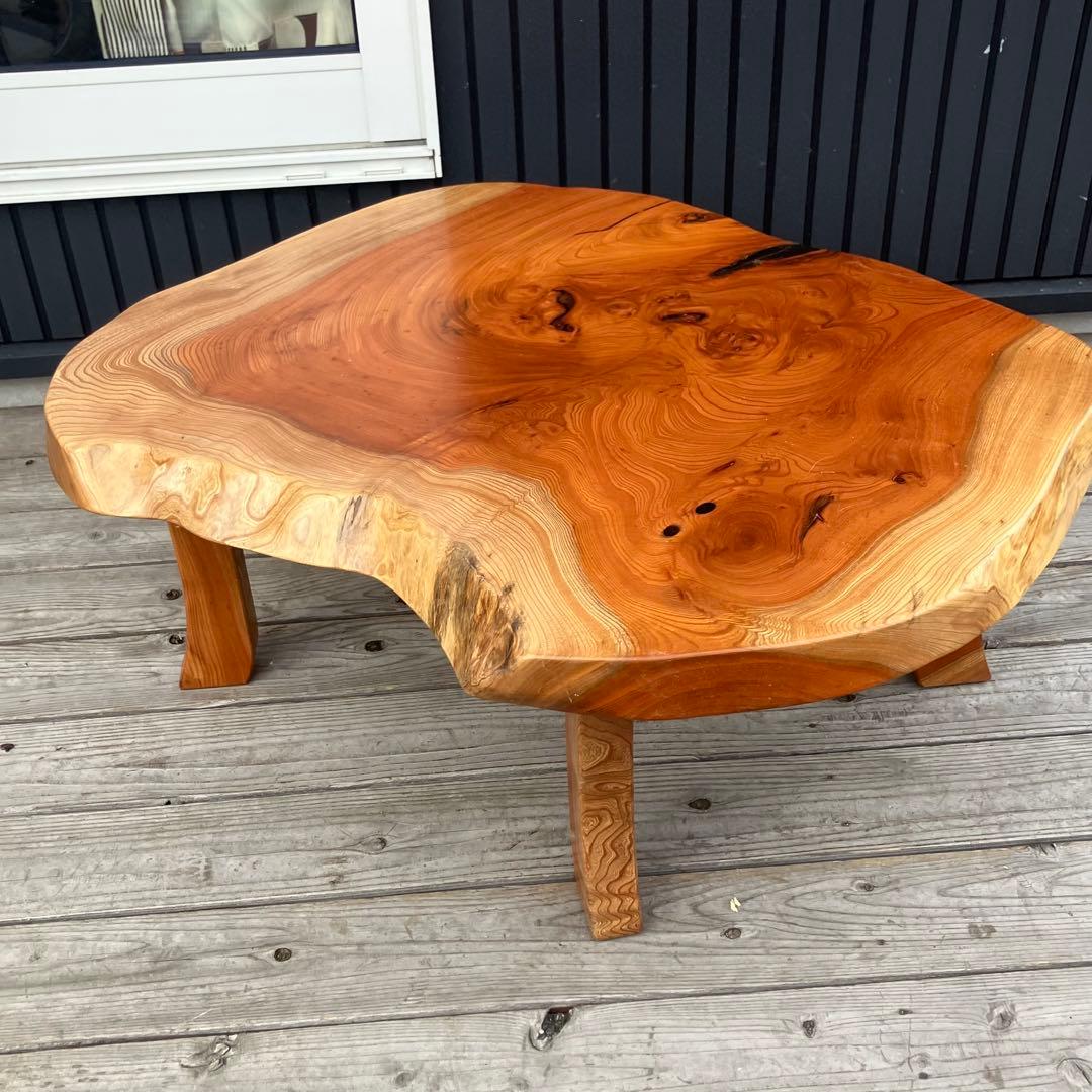 昭和レトロ 深谷木工 木製 天然木 欅材 一枚板 脚付き 座卓 センターテーブル