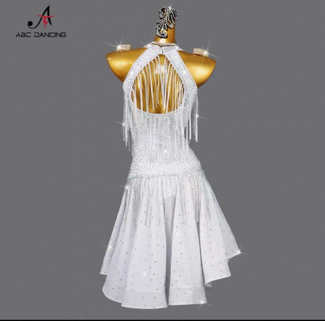 ホワイト フリンジ ダンスドレス 社交ダンスラテンダンス大会 試合 パーティー