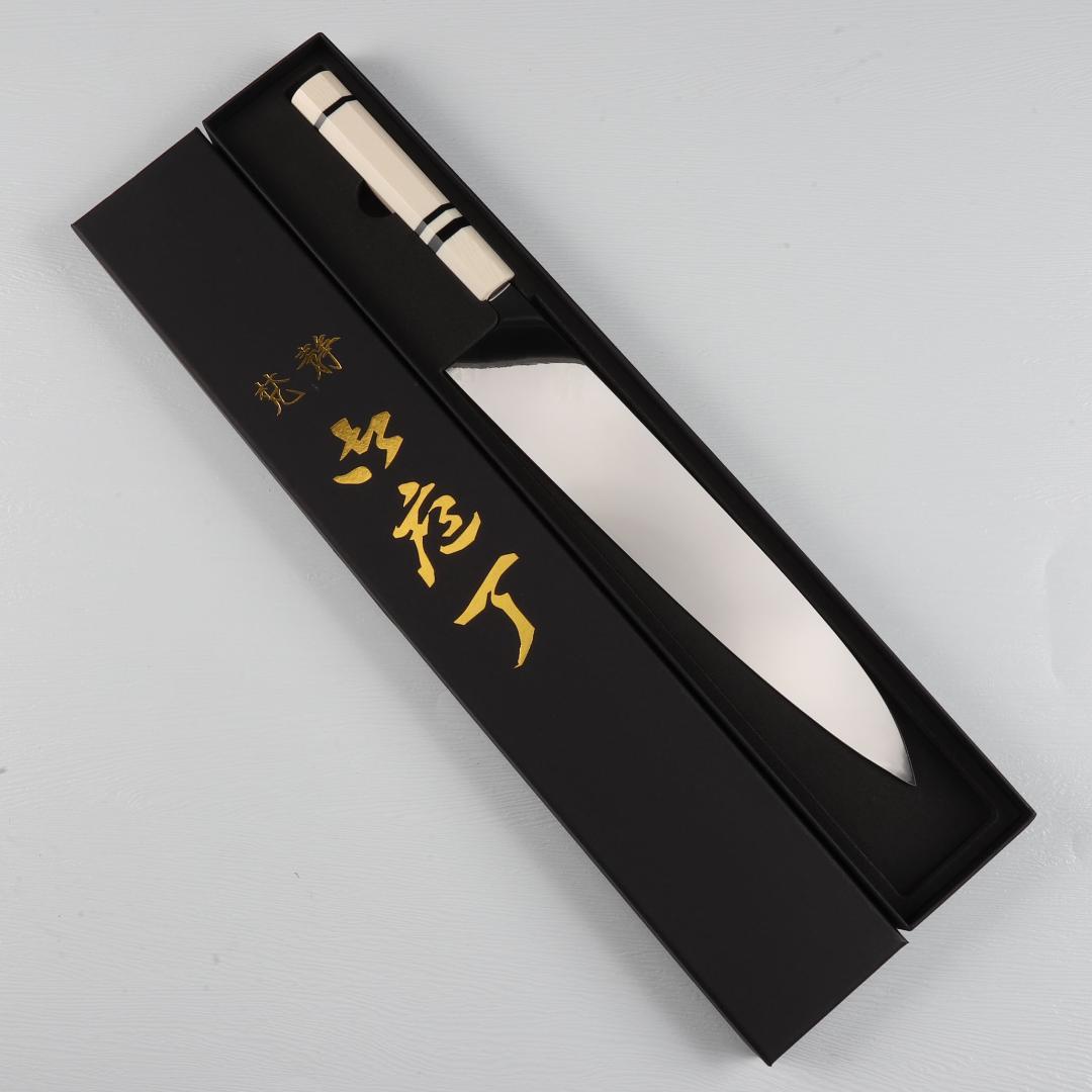 梵静刃物 牛刀 尺 ウルトラ鏡面仕上げ 和牛刀 両刃包丁 人工象牙黒三本巻八角柄