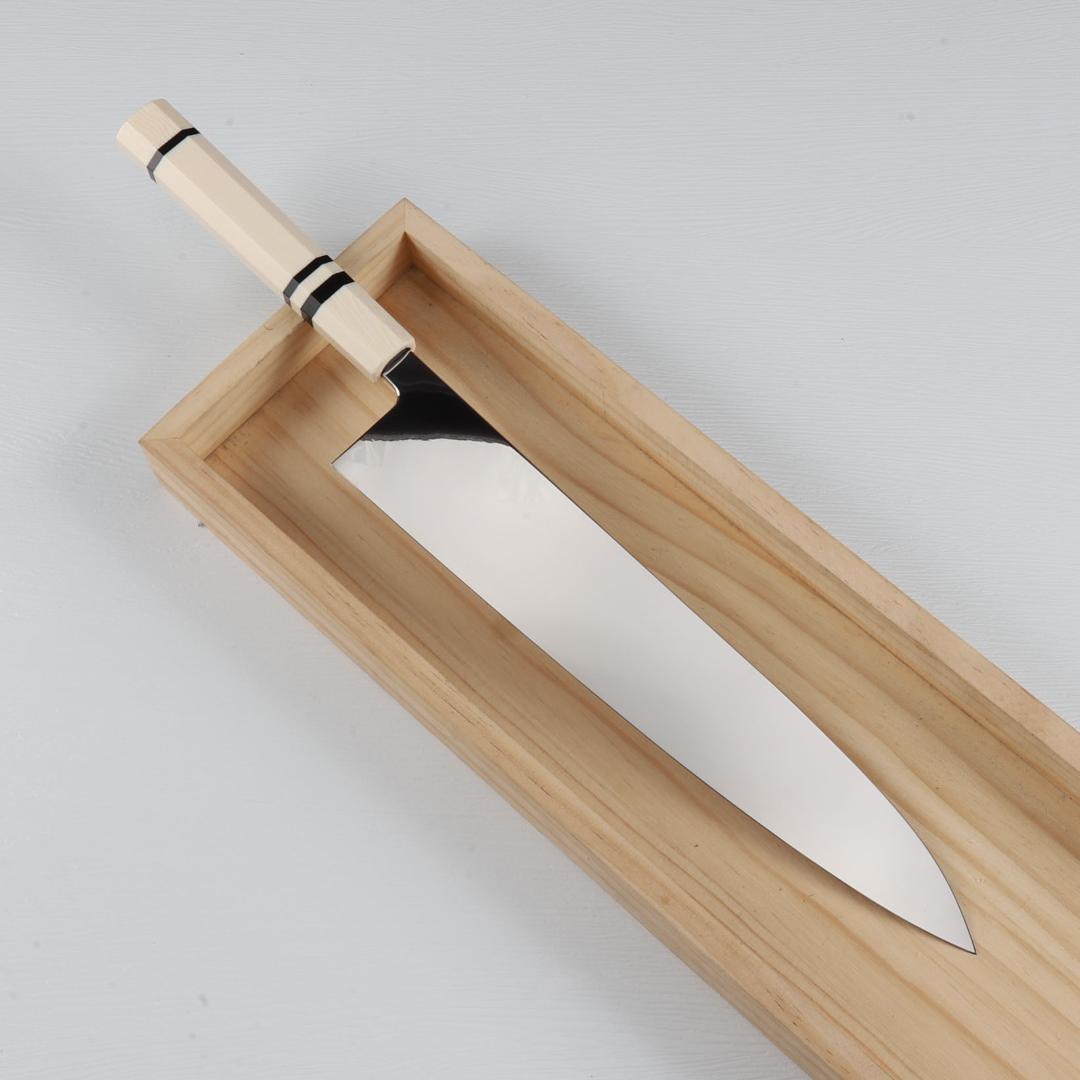 梵静刃物 牛刀 尺 ウルトラ鏡面仕上げ 和牛刀 両刃包丁 人工象牙黒三本巻八角柄