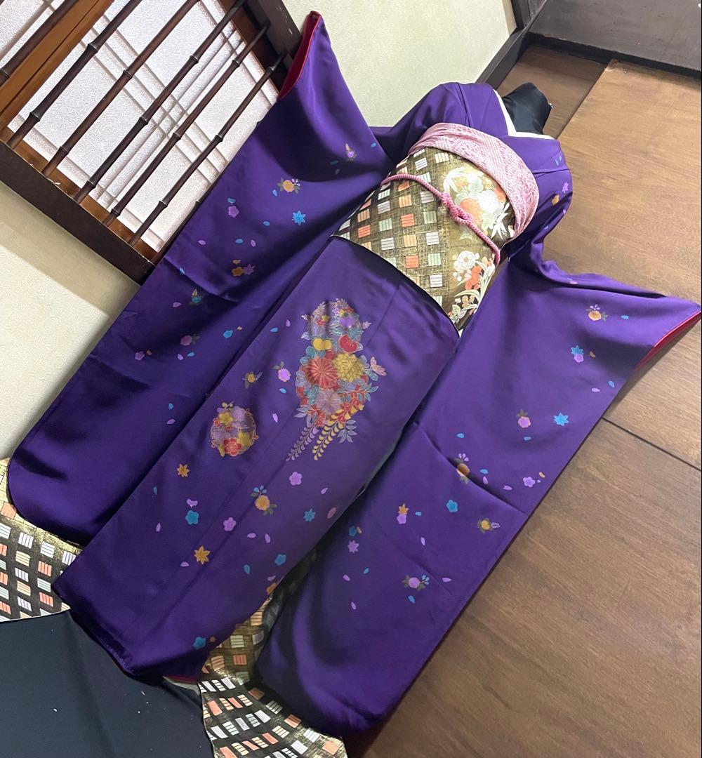 振袖 フルセット6点サイズＬ雪輪舞花文　金彩　正絹