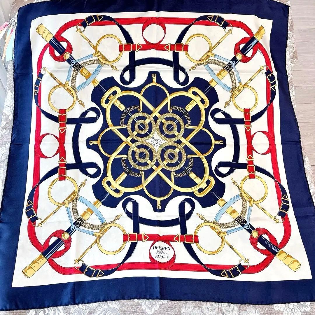 クリーニング済み❤️エルメス❤️カレ90❤️エプロンドール❤️ネイビー　レッド　馬具