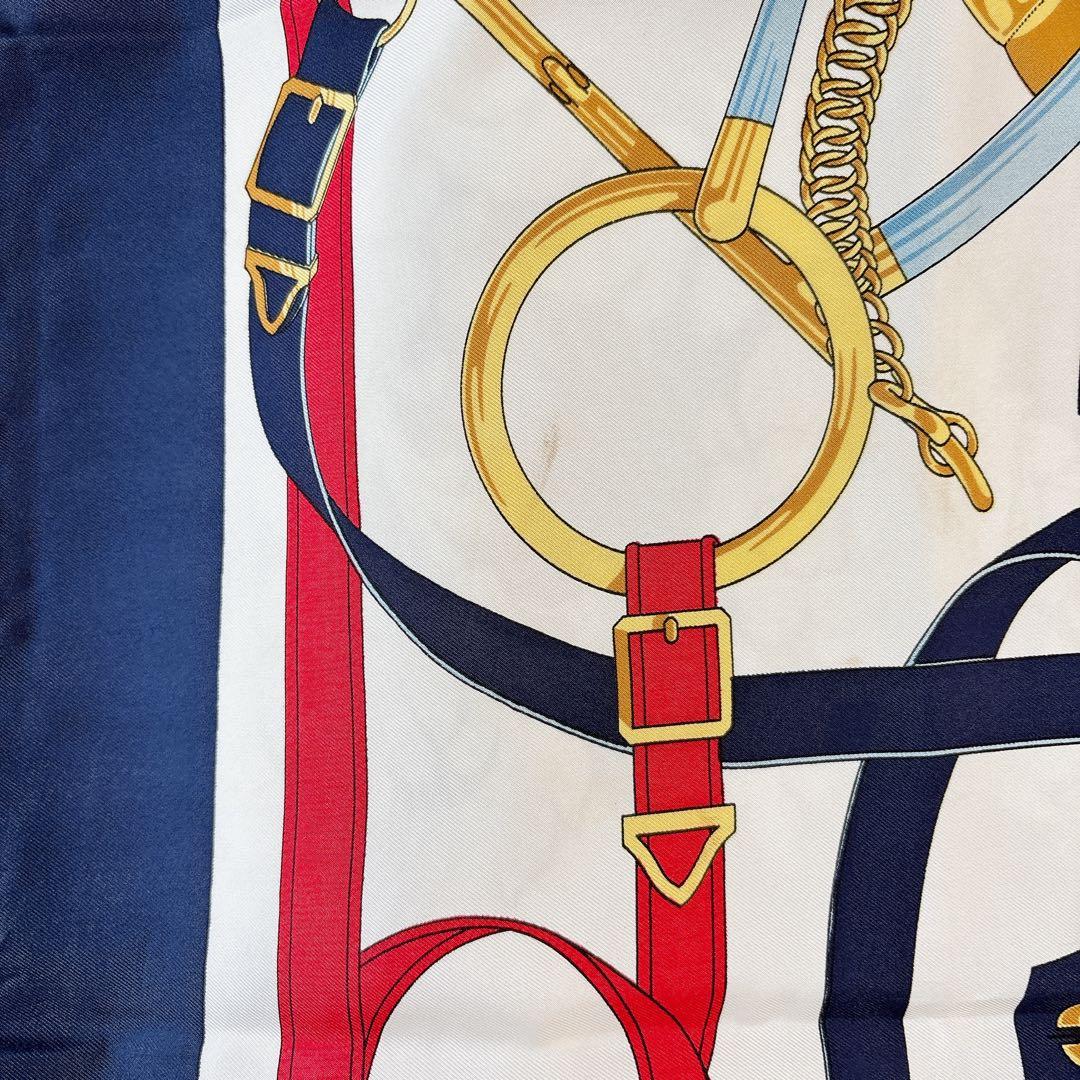 クリーニング済み❤️エルメス❤️カレ90❤️エプロンドール❤️ネイビー　レッド　馬具