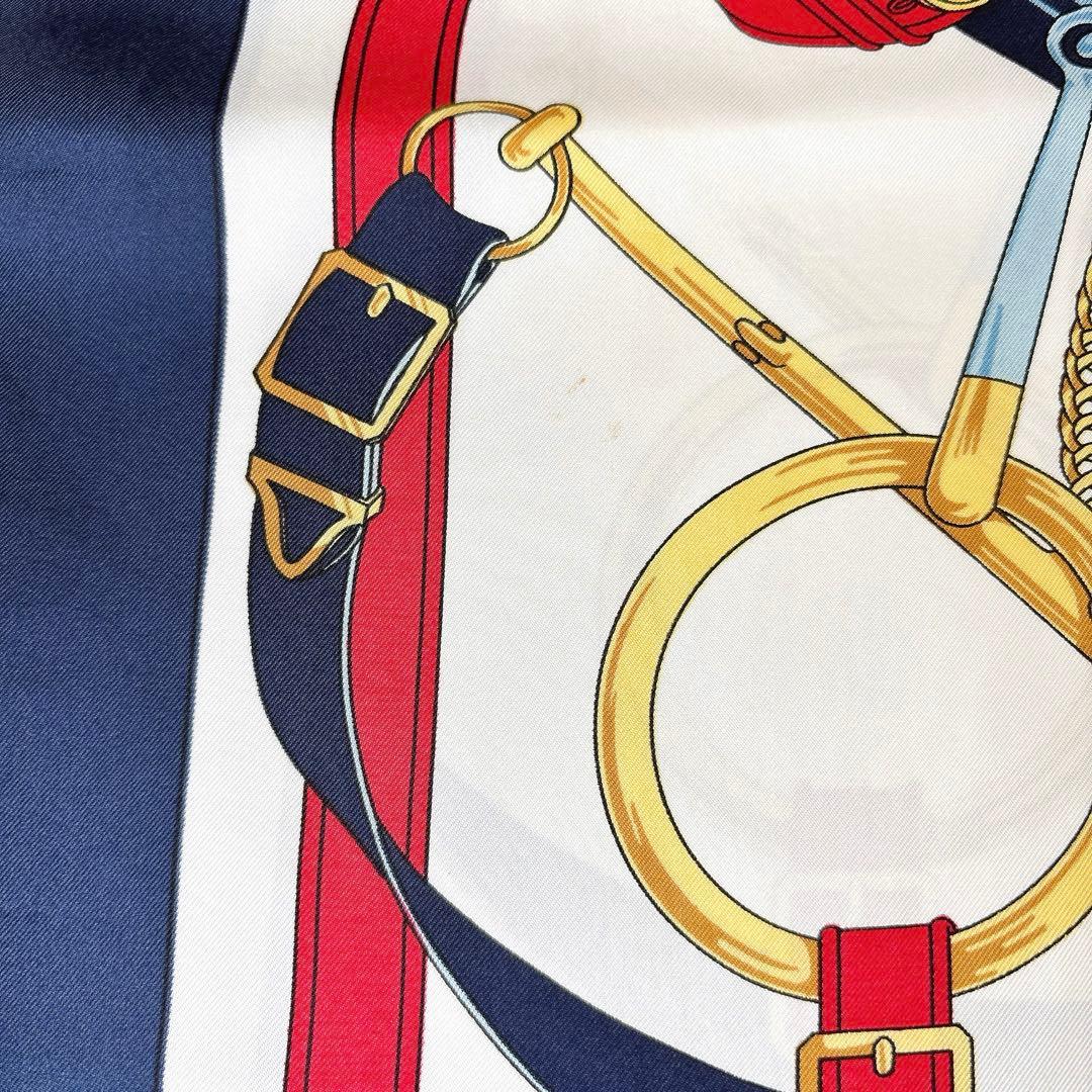 クリーニング済み❤️エルメス❤️カレ90❤️エプロンドール❤️ネイビー　レッド　馬具