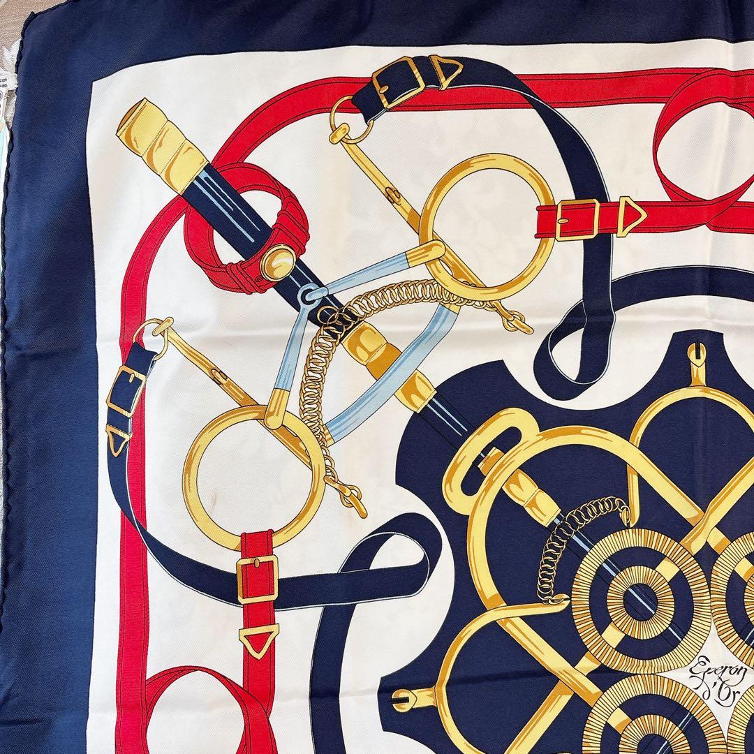 クリーニング済み❤️エルメス❤️カレ90❤️エプロンドール❤️ネイビー　レッド　馬具