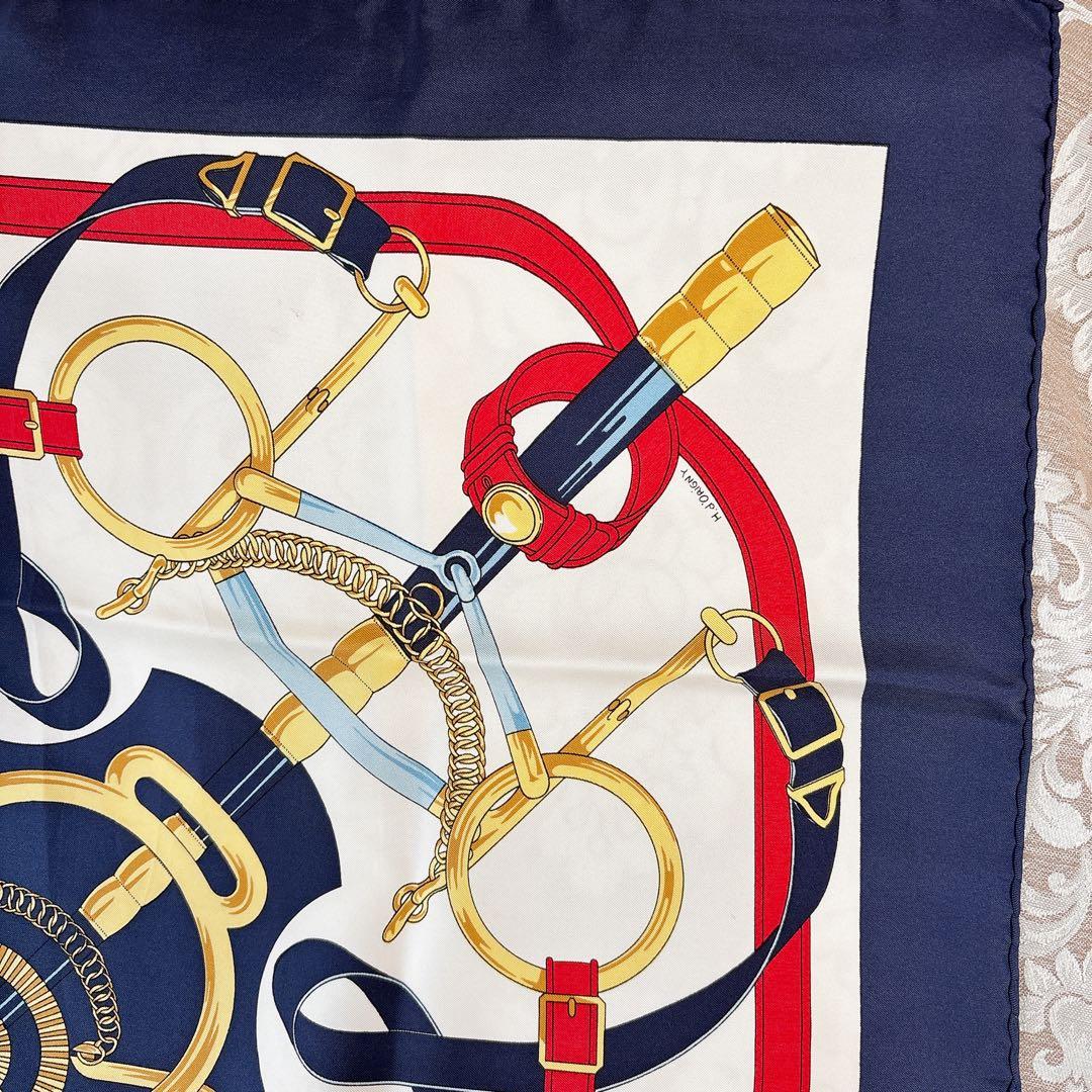 クリーニング済み❤️エルメス❤️カレ90❤️エプロンドール❤️ネイビー　レッド　馬具