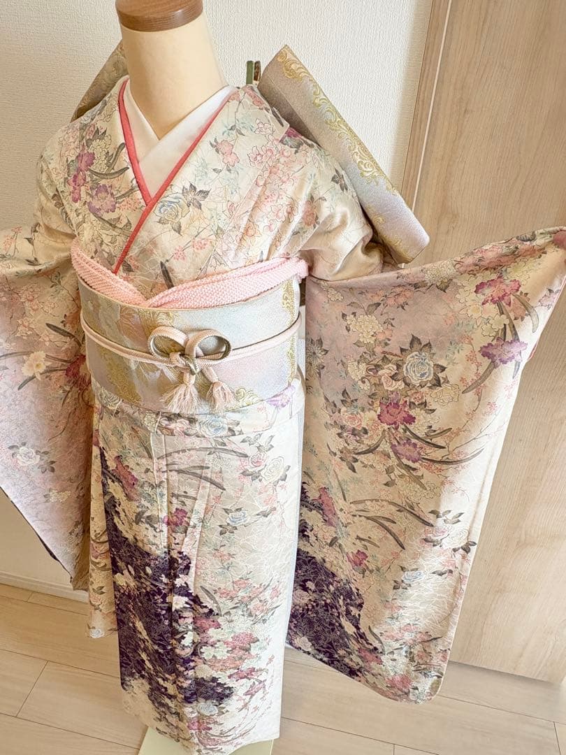 振袖セット 成人式応援 クリーム色系 紫系 ヴィンテージ MH2512261