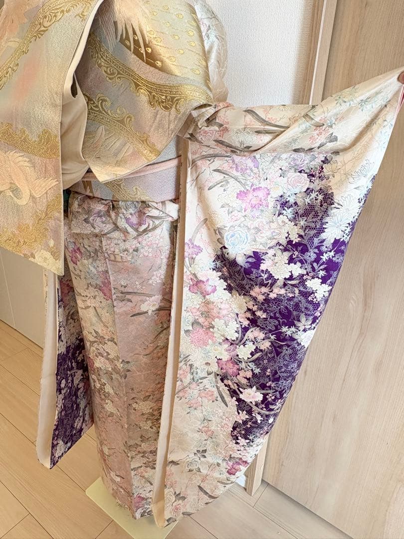 振袖セット 成人式応援 クリーム色系 紫系 ヴィンテージ MH2512261