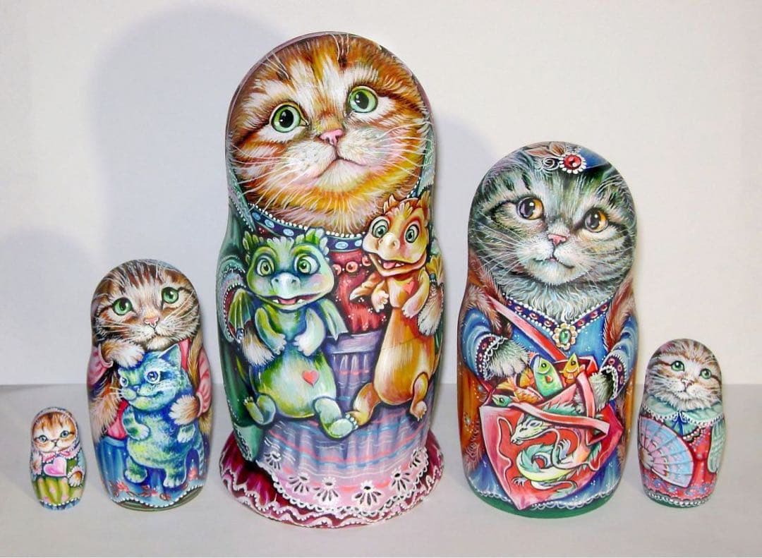 ロシア雑貨ネコマトリョーシカ『干支』｛5P)ドラゴン 龍 辰 猫 縁起物 ミラ作