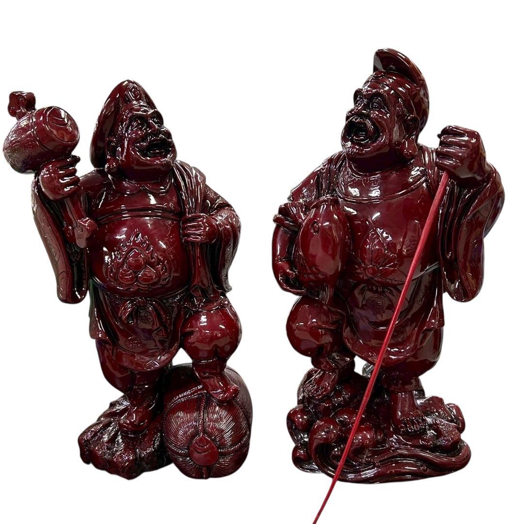 七福神 置物 大黒天 布袋尊 2体ペア 赤漆塗 高さ約60cm◆縁起物 商売繁盛