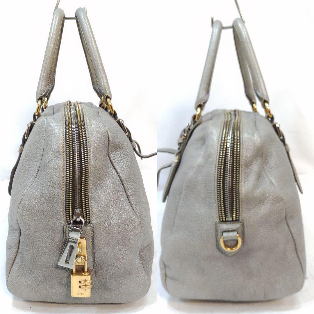 プラダ ミニボストンバッグ ハンドバッグ レザー A4可 シルバー ギャラ付