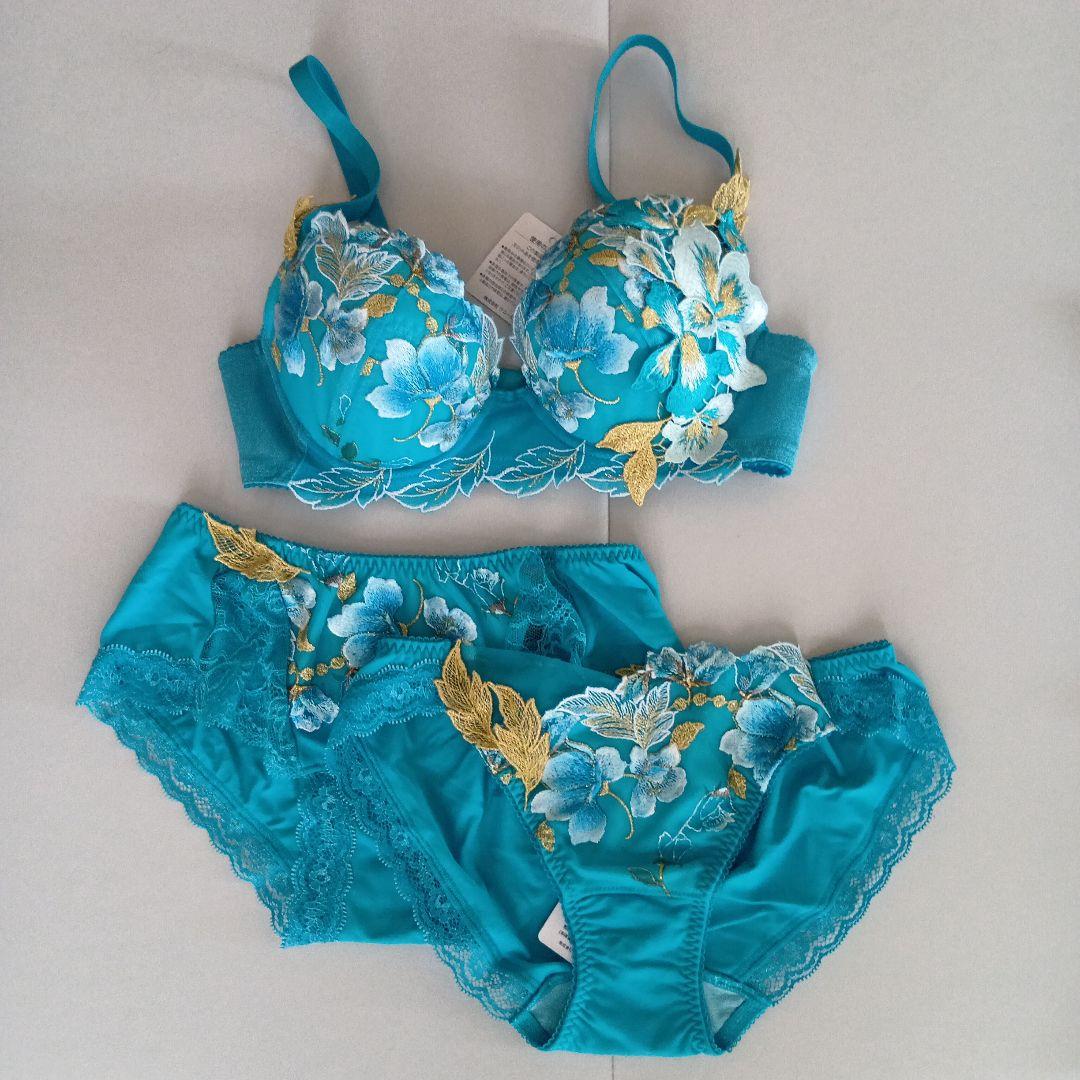 花柄刺繍 ブラジャーショーツセット E65 ターコイズ