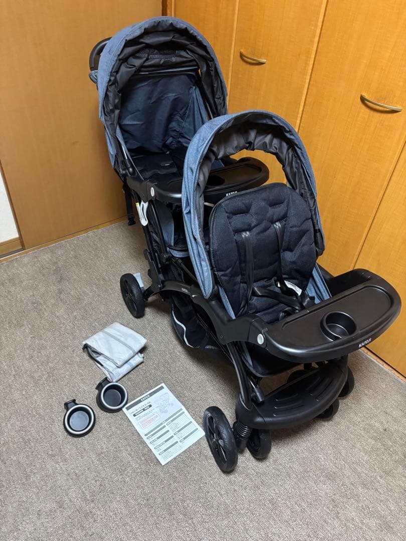 [極美品]KATOJI 二人乗りベビーカー 二人でゴーDXレインカバー付き