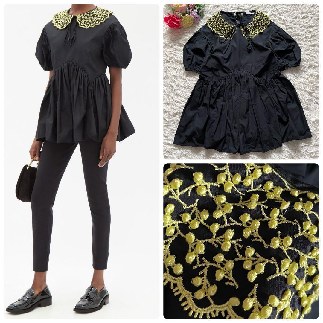 極美品■セシリーバンセン　パフスリーブ　刺繍カラー　ブラウス　シルク　黒