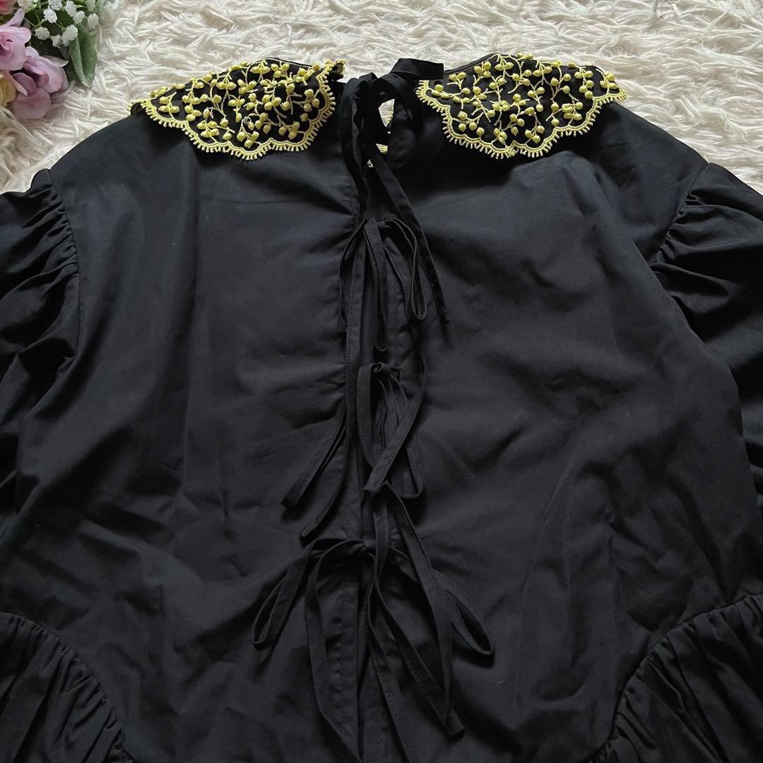 極美品■セシリーバンセン　パフスリーブ　刺繍カラー　ブラウス　シルク　黒