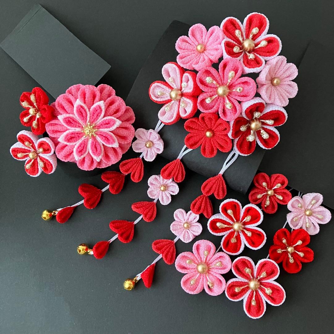 〜　遊　〜　選べる髪飾り　七五三 3歳 7歳 かんざし　ピンク　赤