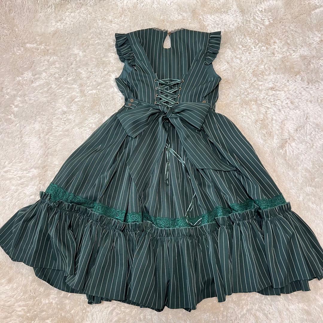 美品✨ OZZ ANGELO クラシック編み上げワンピース ストライプ グリーン