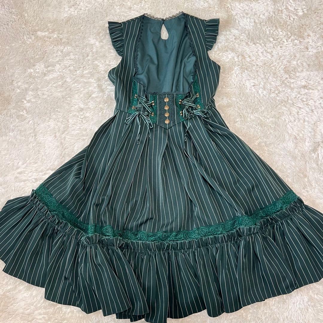 美品✨ OZZ ANGELO クラシック編み上げワンピース ストライプ グリーン