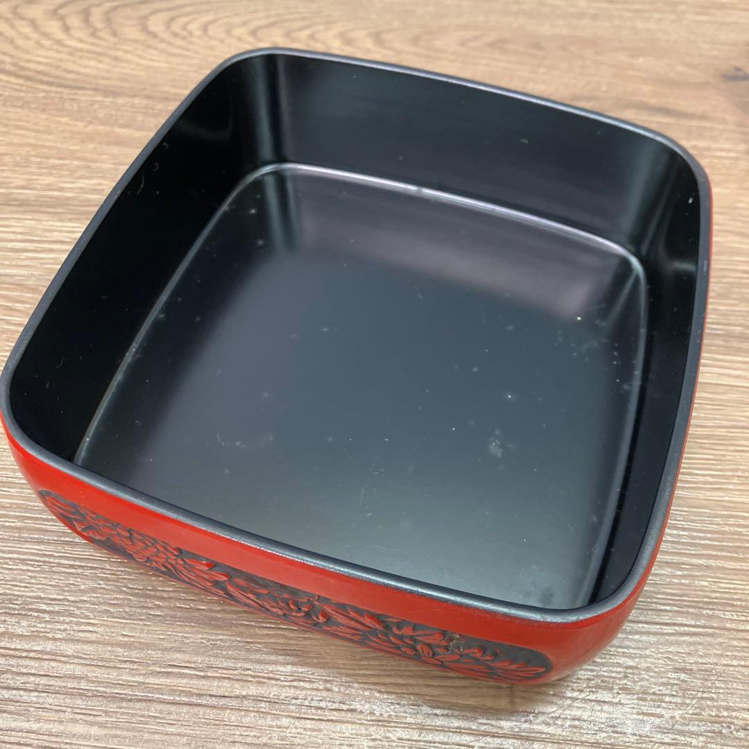 E-2 昭和レトロ 記念品 鎌倉彫風 漆器セット 三段重箱＆菓子鉢 記念刻印あり