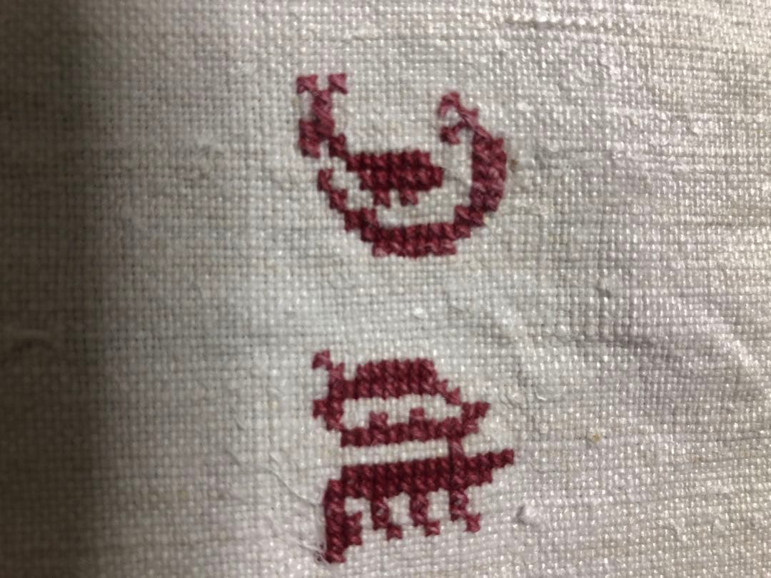 アンティーク　フランス　リュスティックなシャンブル麻大判テーブルクロス　839g