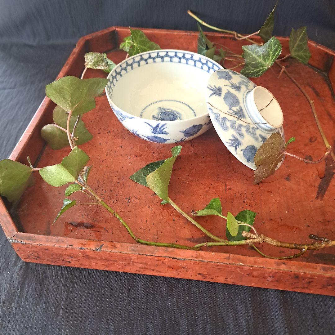 「大人気 波兎(なみうさぎ)の古伊万里蓋茶碗(直径12cm)」 染付碗 骨董アン