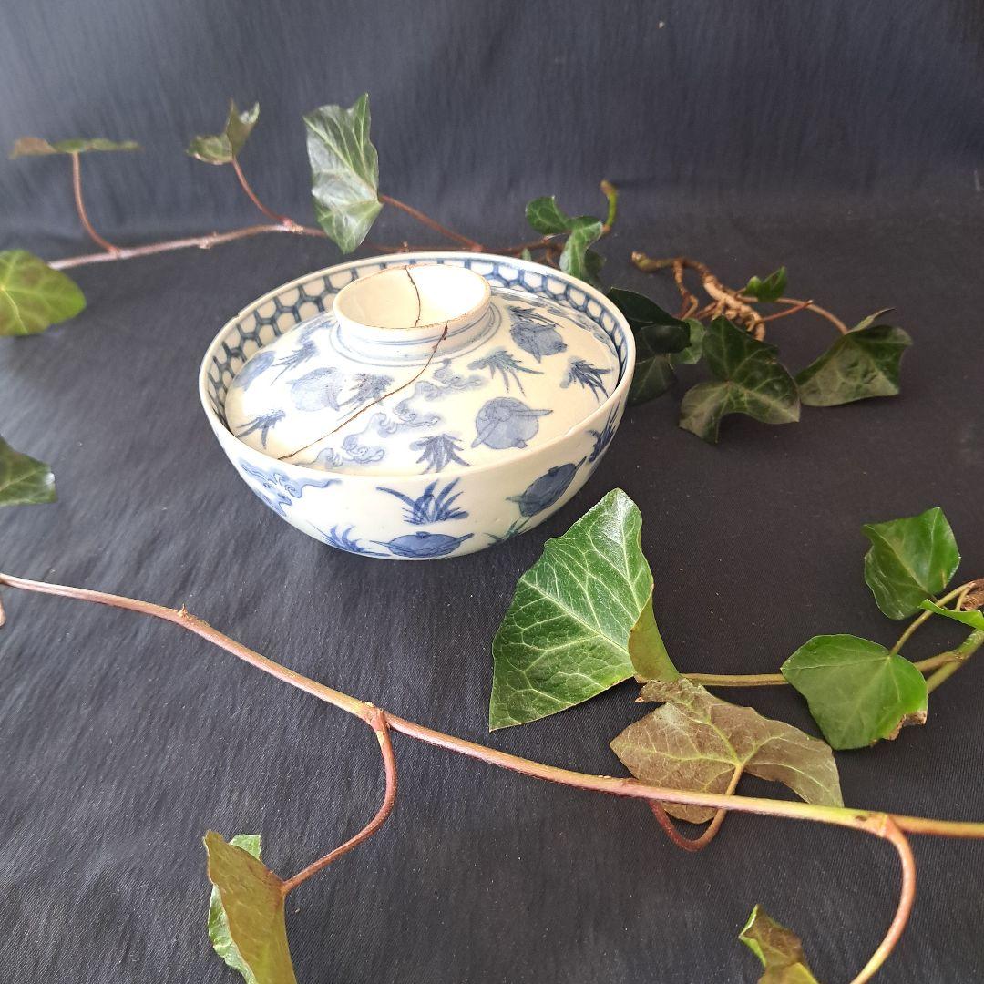 「大人気 波兎(なみうさぎ)の古伊万里蓋茶碗(直径12cm)」 染付碗 骨董アン
