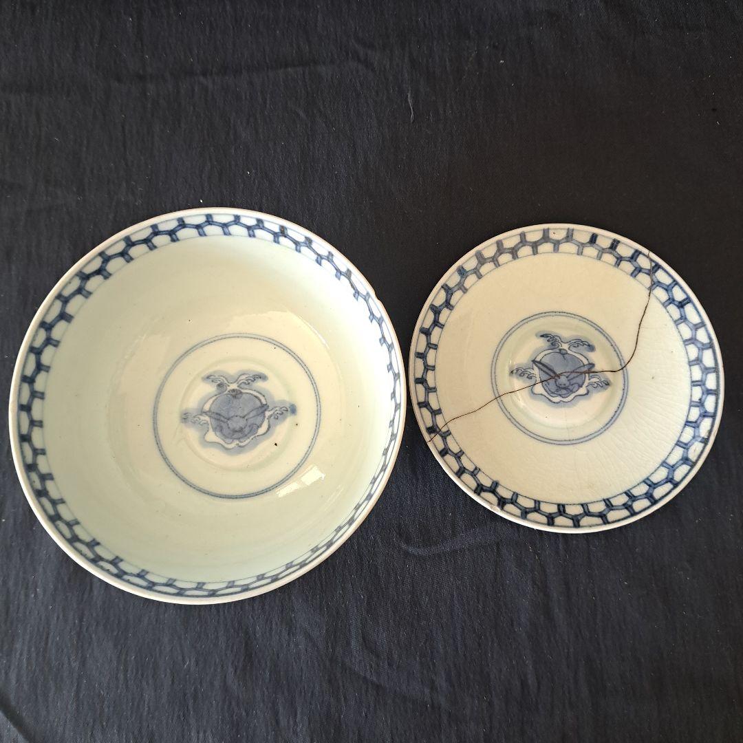 「大人気 波兎(なみうさぎ)の古伊万里蓋茶碗(直径12cm)」 染付碗 骨董アン