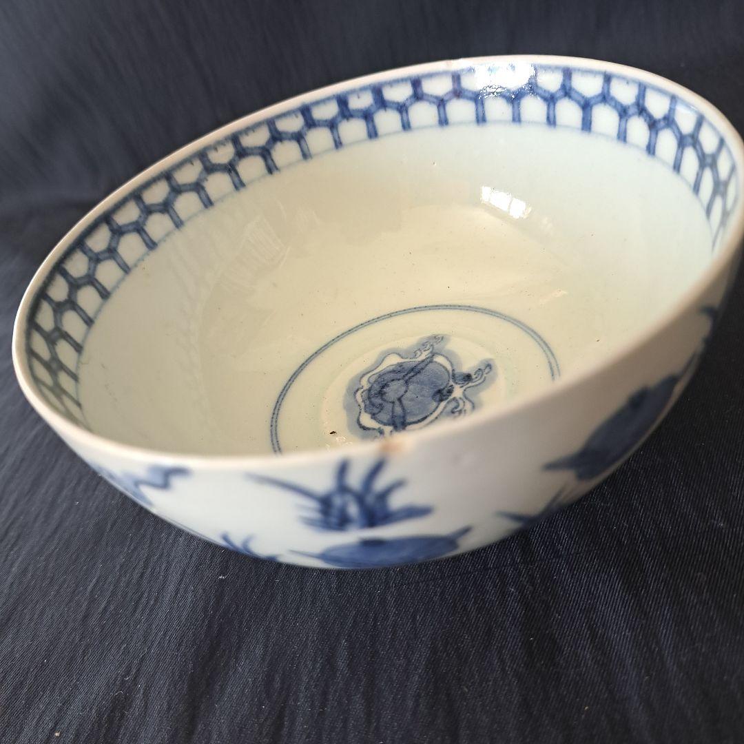 「大人気 波兎(なみうさぎ)の古伊万里蓋茶碗(直径12cm)」 染付碗 骨董アン