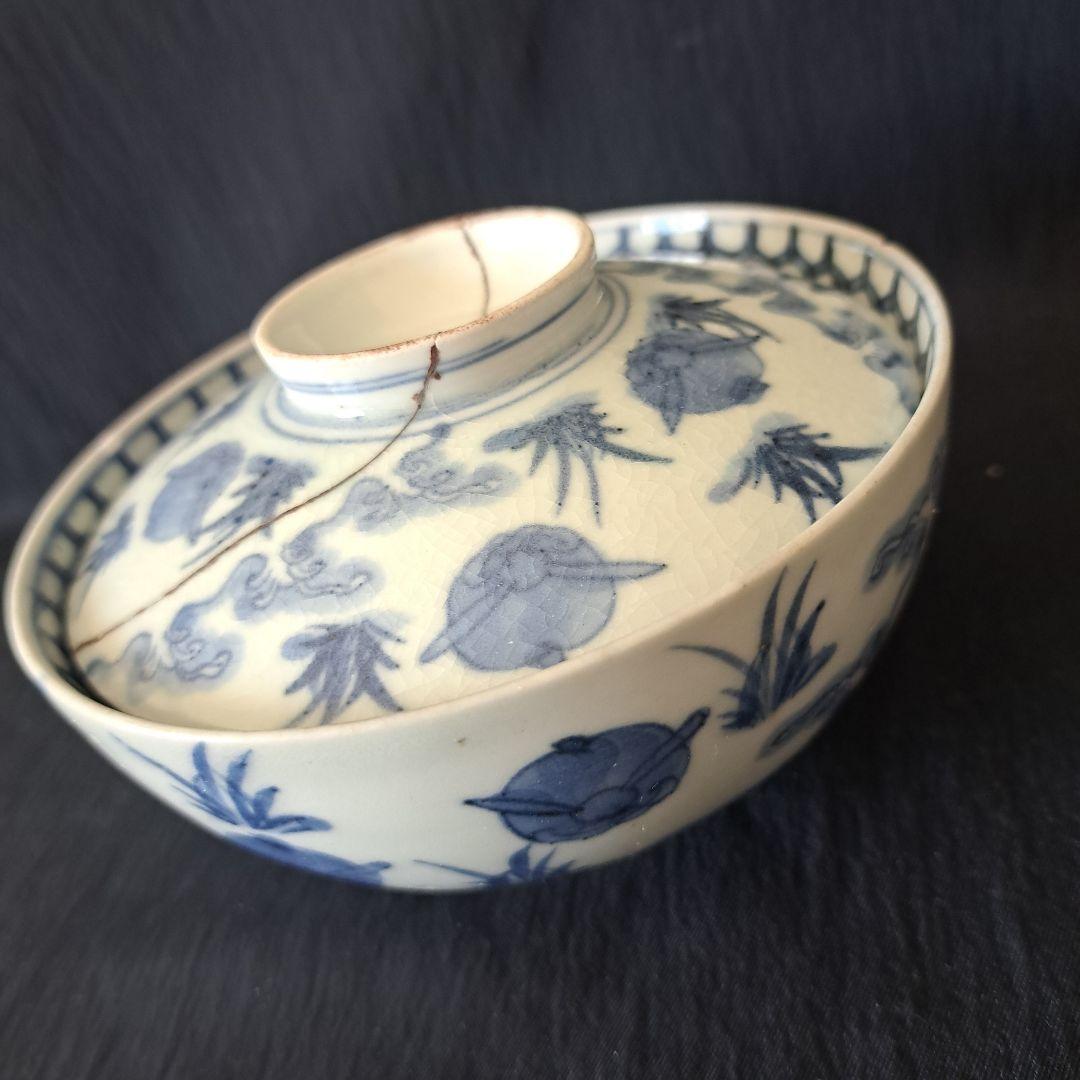 「大人気 波兎(なみうさぎ)の古伊万里蓋茶碗(直径12cm)」 染付碗 骨董アン