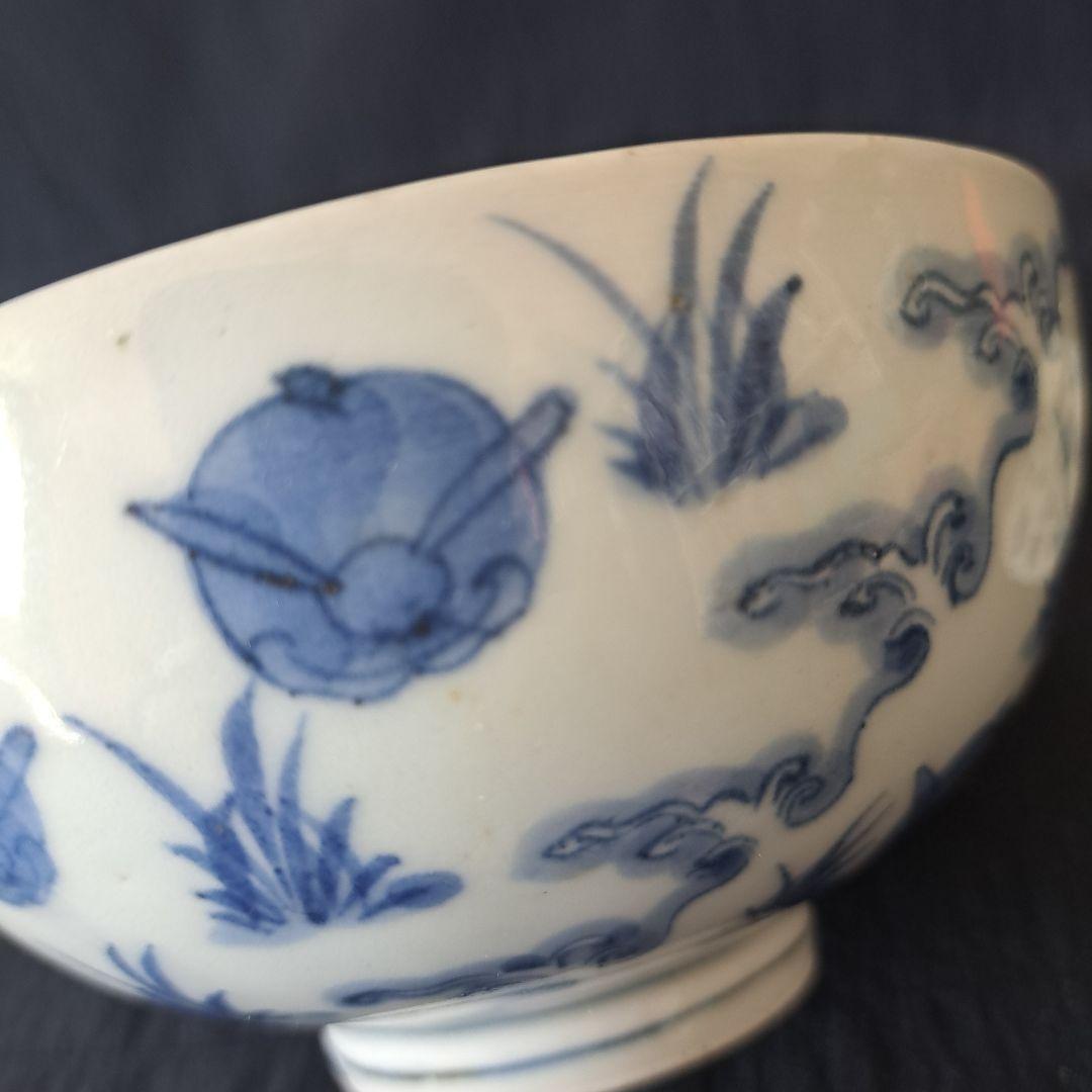 「大人気 波兎(なみうさぎ)の古伊万里蓋茶碗(直径12cm)」 染付碗 骨董アン