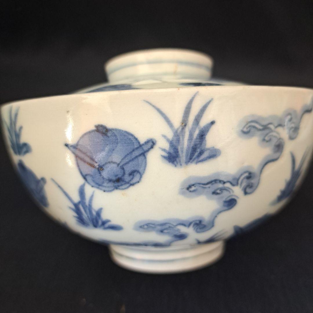 「大人気 波兎(なみうさぎ)の古伊万里蓋茶碗(直径12cm)」 染付碗 骨董アン