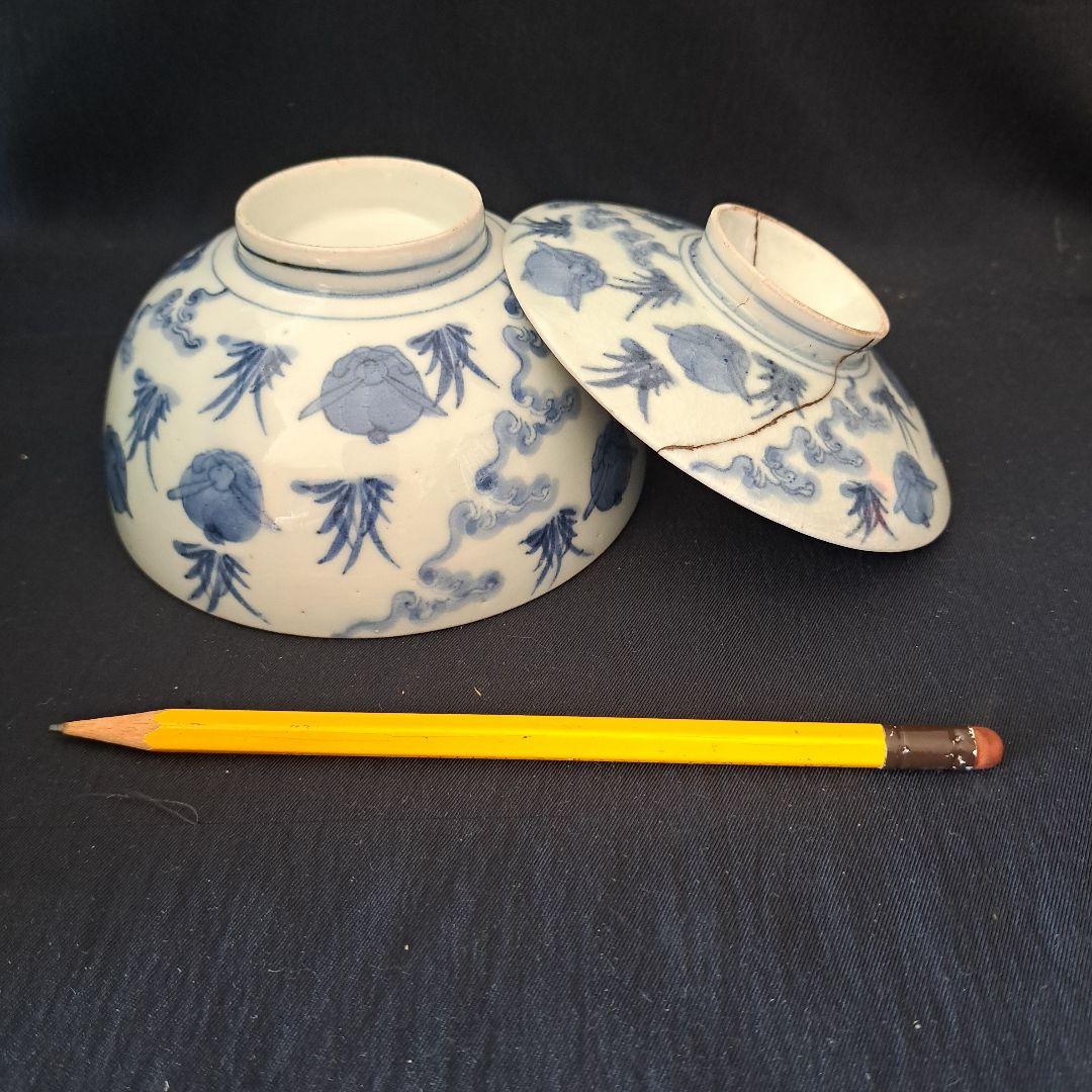 「大人気 波兎(なみうさぎ)の古伊万里蓋茶碗(直径12cm)」 染付碗 骨董アン