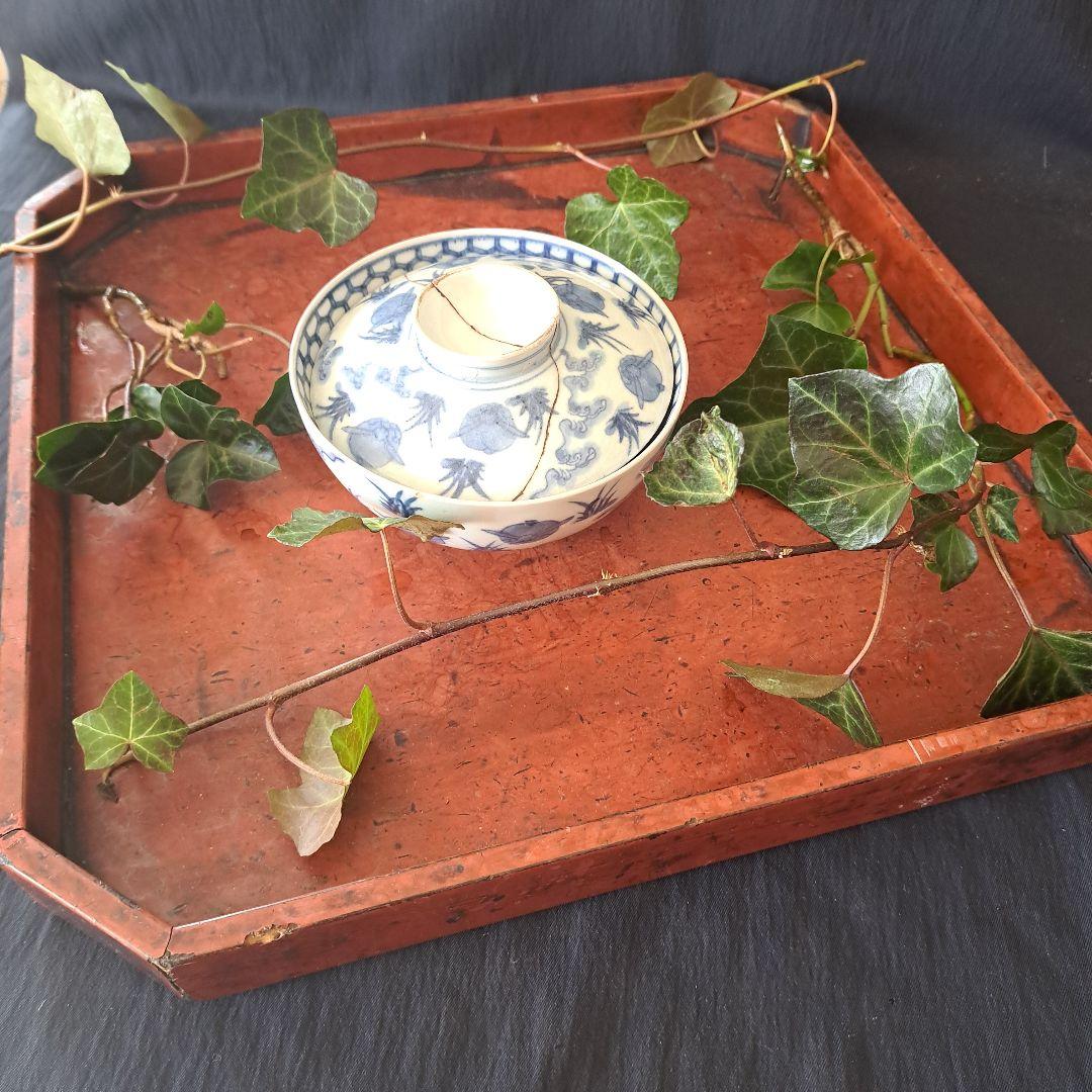 「大人気 波兎(なみうさぎ)の古伊万里蓋茶碗(直径12cm)」 染付碗 骨董アン