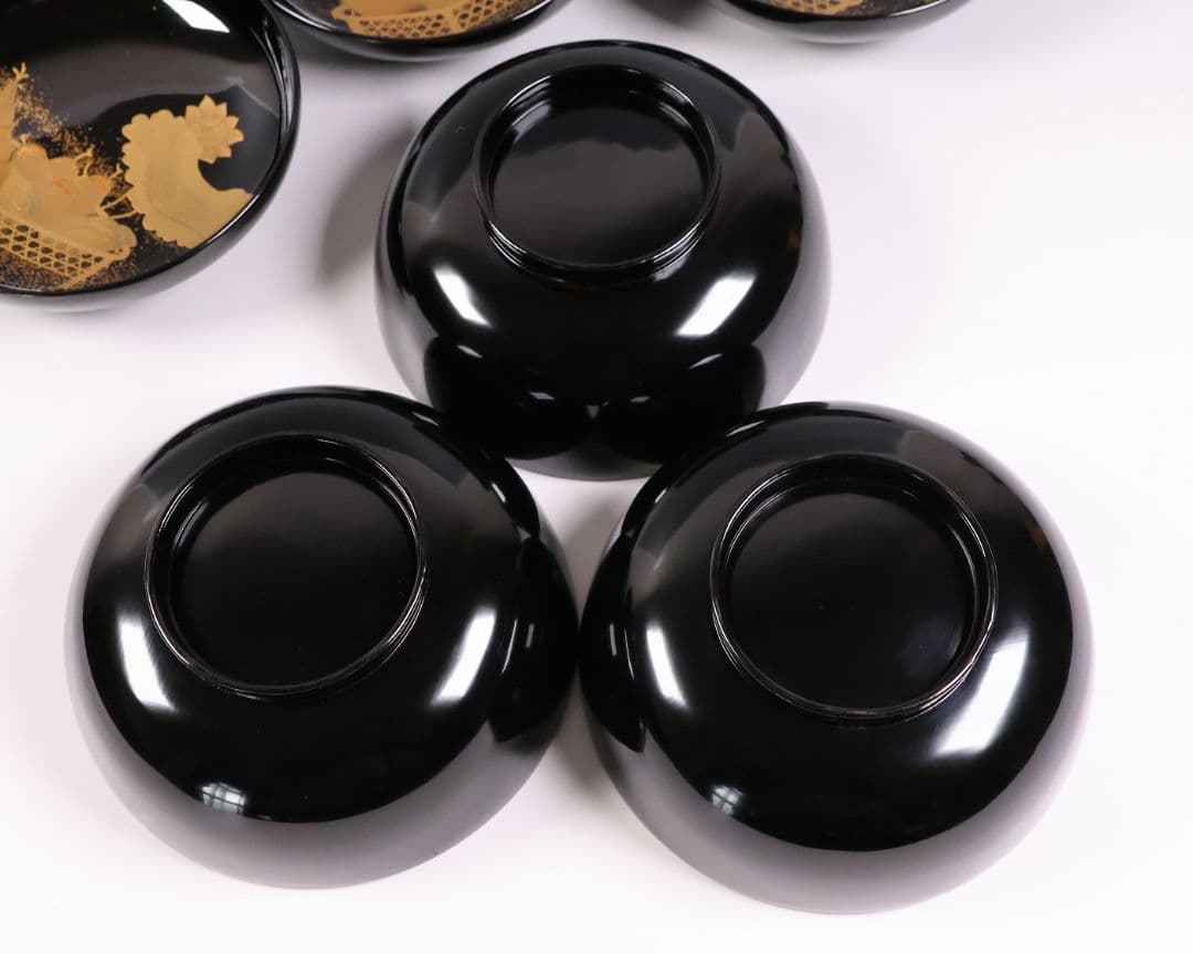 【CM412】天然木漆塗 加賀蒔絵 蓮と野菜金蒔絵 黒煮物椀 三客 漆器 昭和期