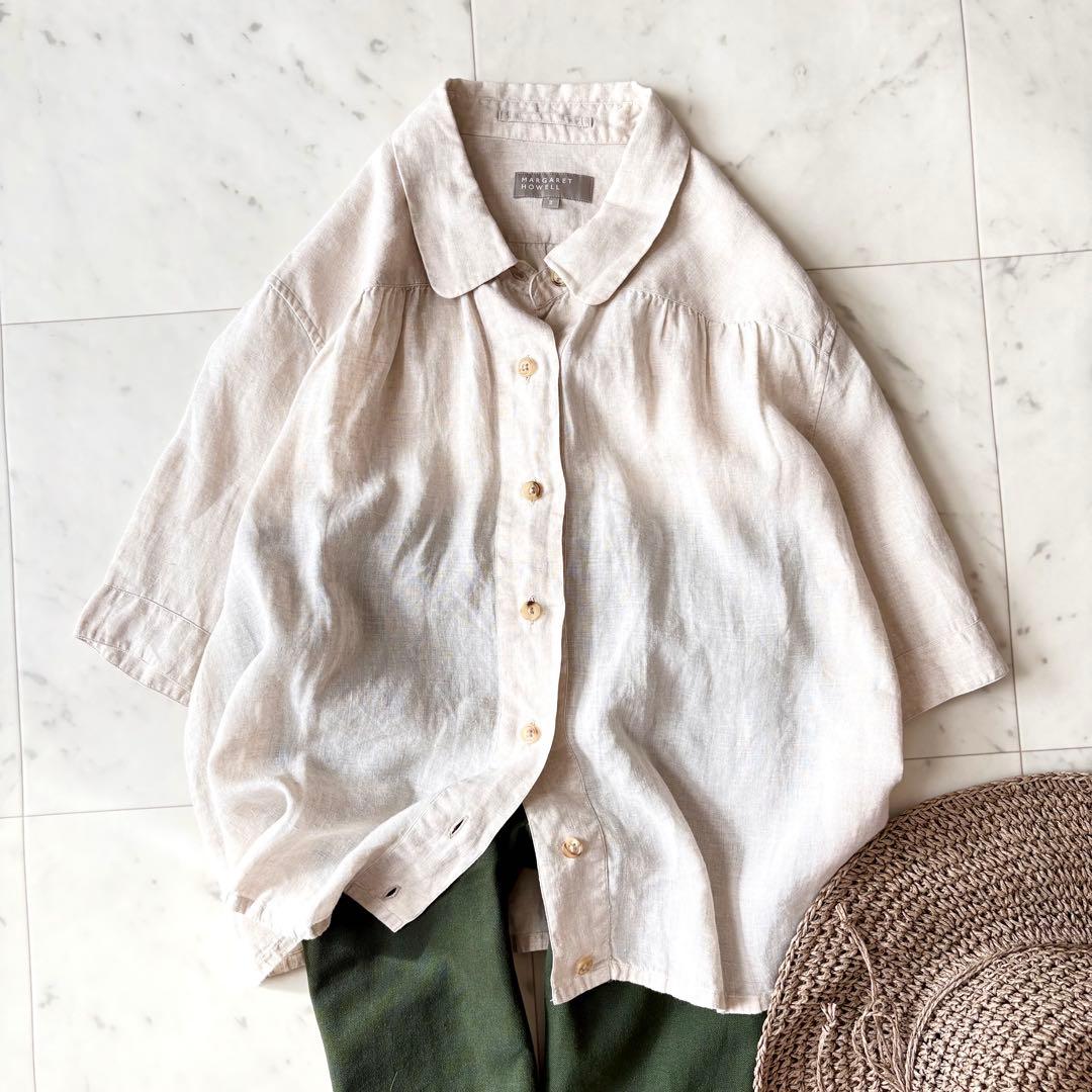 極美品 マーガレットハウエル 洗える リネン100 ラウンドカラー 半袖ブラウス