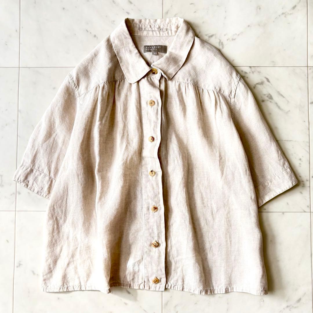 極美品 マーガレットハウエル 洗える リネン100 ラウンドカラー 半袖ブラウス