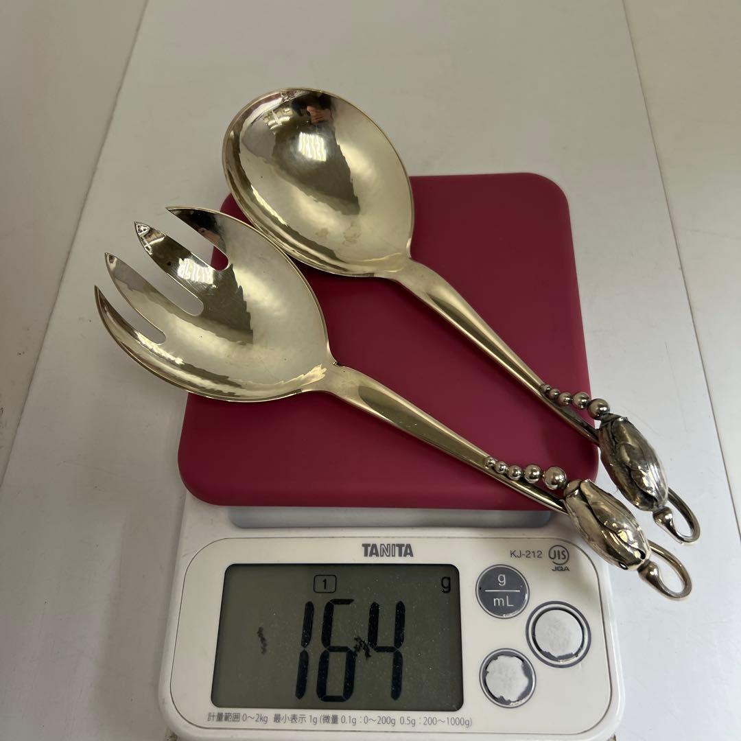 ジョージジェンセン激レアサービングスプーン、フォークセット　164g 共袋付