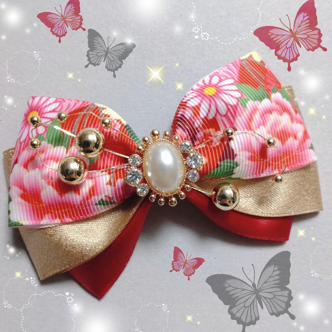 確認　ヘアゴム　リボン　1176　和柄　花　赤