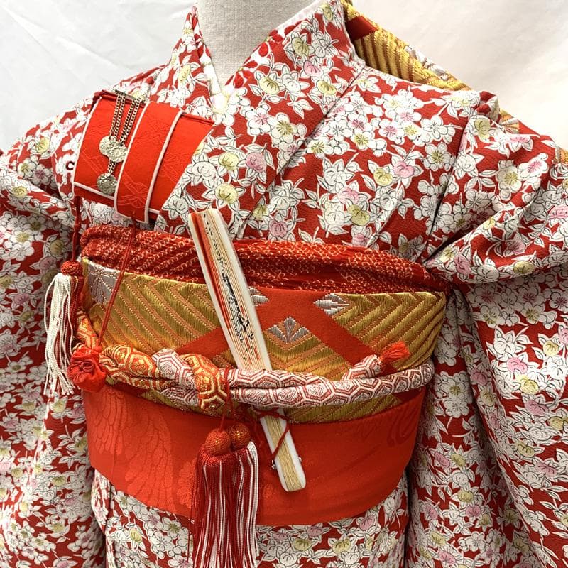 505ag53□七五三 七歳 女児 着物&開き帯＆長襦袢 総柄 梅 橘□美品