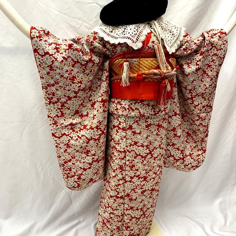 505ag53□七五三 七歳 女児 着物&開き帯＆長襦袢 総柄 梅 橘□美品