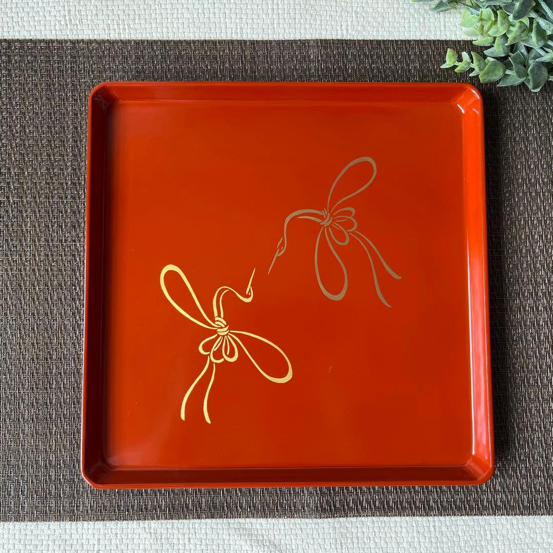 【値下げ‼️】会津塗　お盆　鶴　結び　新品未使用品　ハレの日　ぬりもの