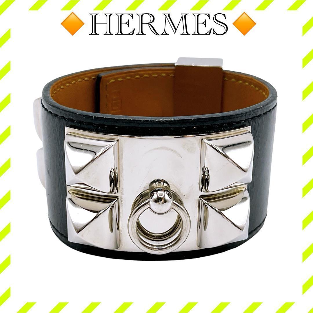 良品 エルメス コリエドシアン ブレスレット 黒 ブラック シルバー レディース