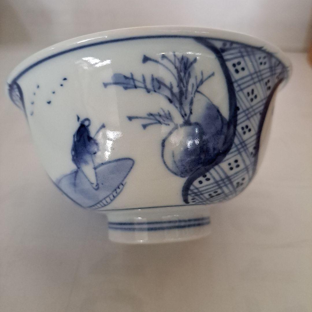 江戸中期　盛化年　薄焼　反縁　白磁椀　染付青磁　縦三割文　古伊万里染付