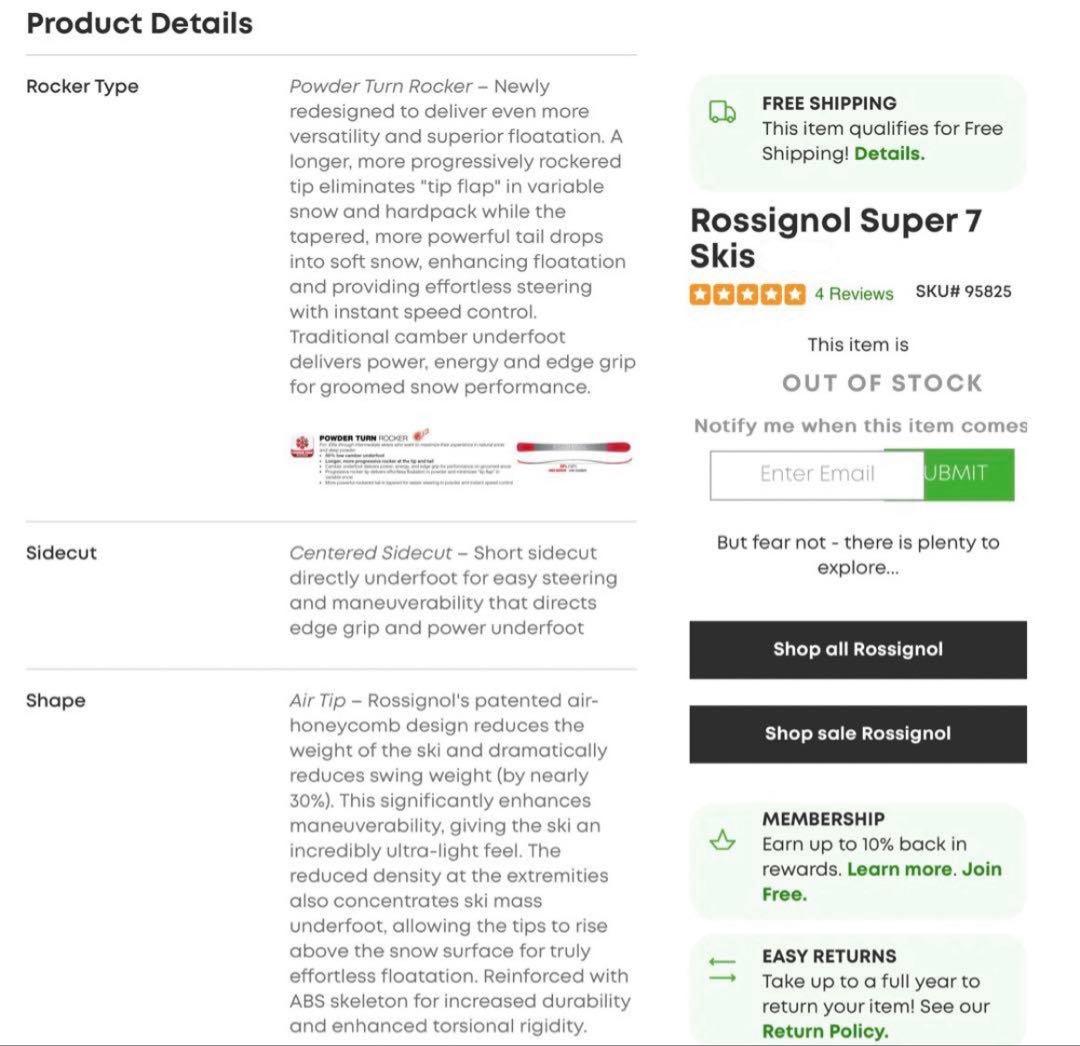 ロシニョール　名機SUPER7 188cm 美品です