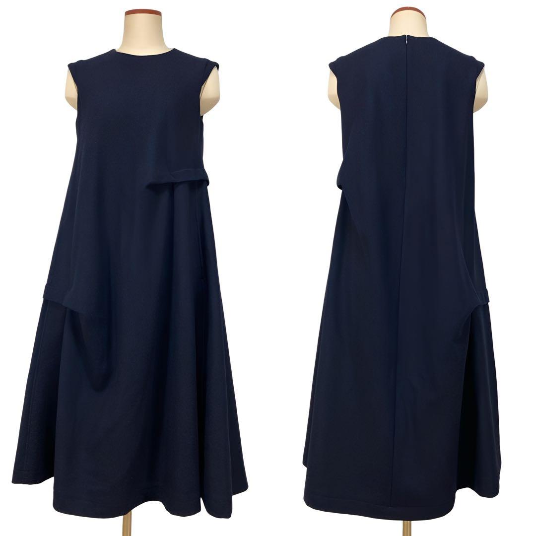 美品 Y's ワイズ ランダムタック フレンチスリーブ ワンピース ネイビー1