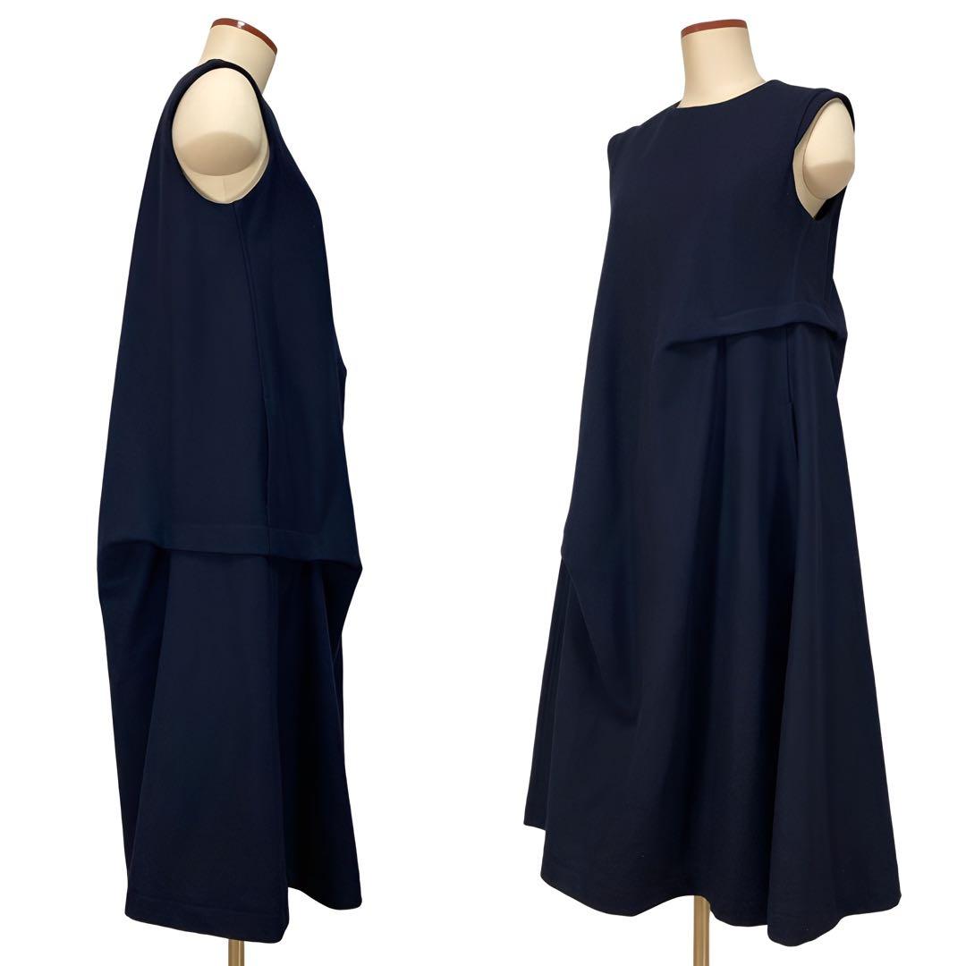 美品 Y's ワイズ ランダムタック フレンチスリーブ ワンピース ネイビー1