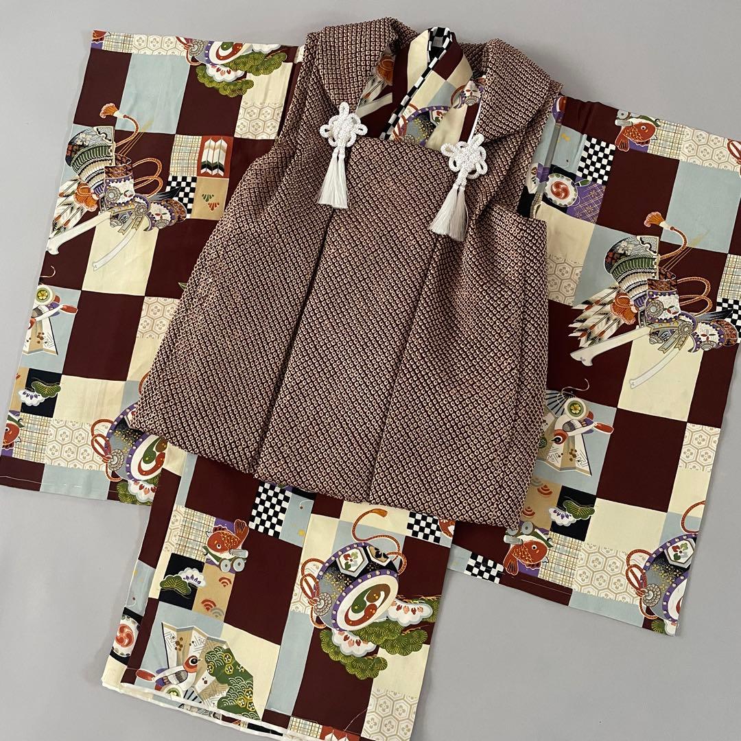 美品　七五三　3歳　アンティークお着物セット　正絹　ブラウンの総絞り被布　ブーツ