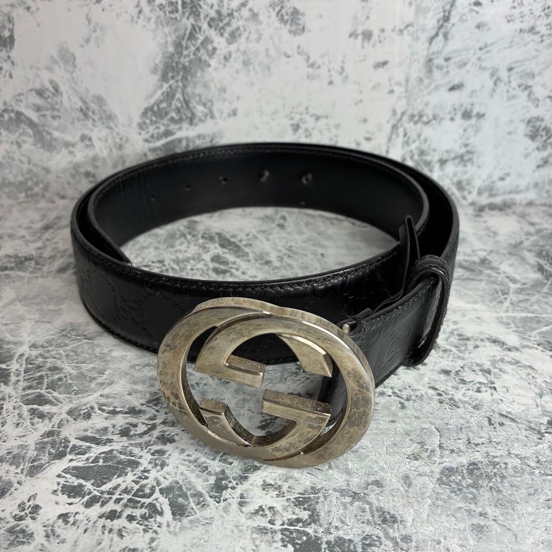 ✨GUCCI✨　グッチ　ベルト　ブラック　黒　　シマレザー　インターロッキングG