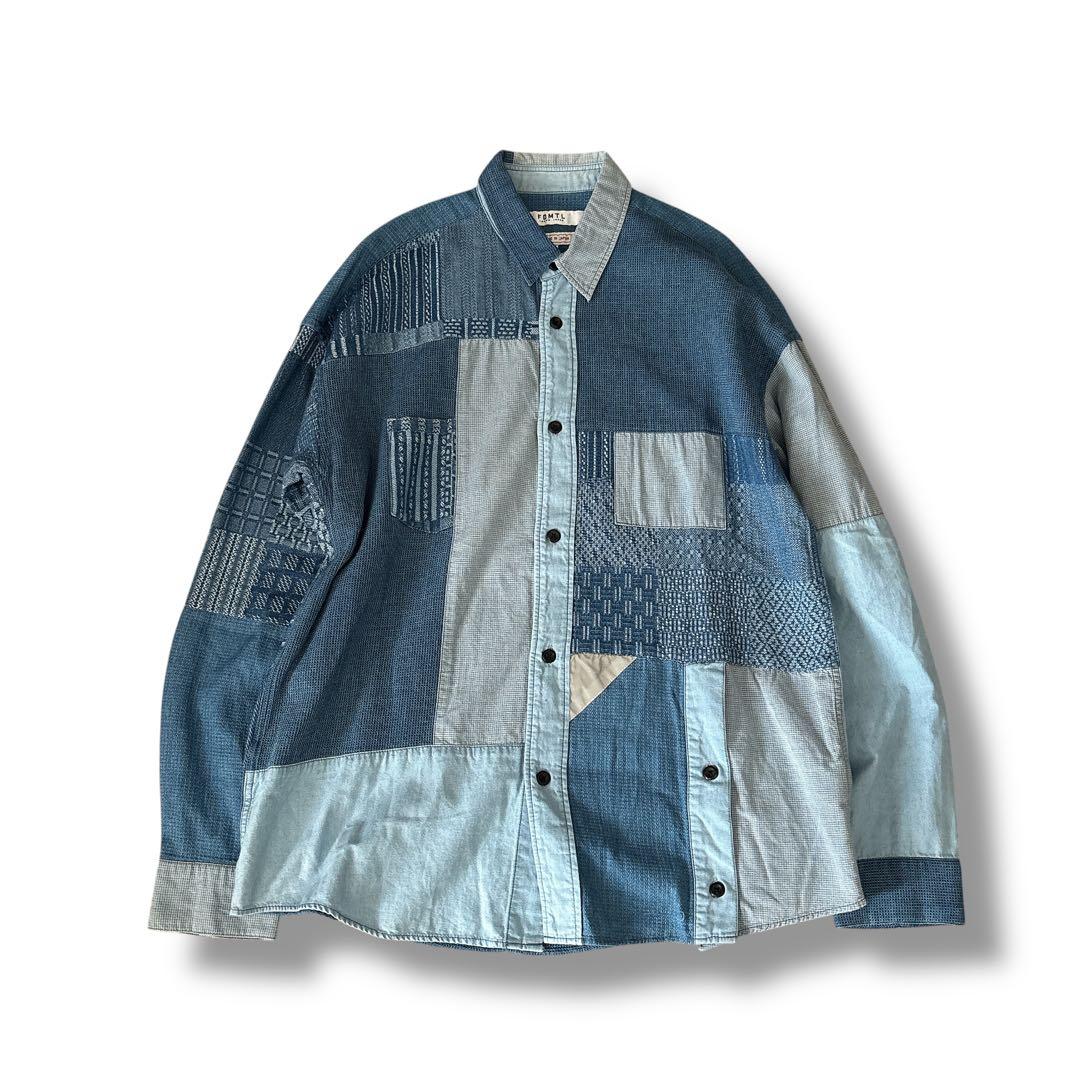 未使用級 FDMTL ファンダメンタル デニムシャツ パッチワーク ブルー XL