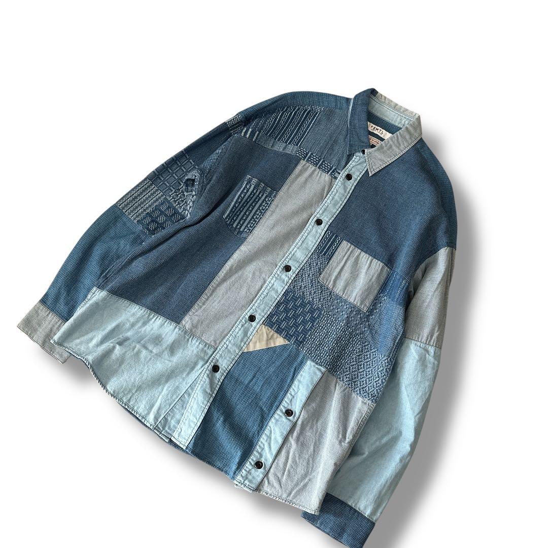 未使用級 FDMTL ファンダメンタル デニムシャツ パッチワーク ブルー XL
